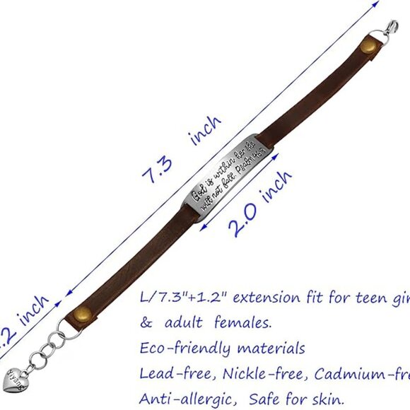 Leather Bracelet for Women Christian God is within her, she will not fail-Brown - Picture 4 of 4